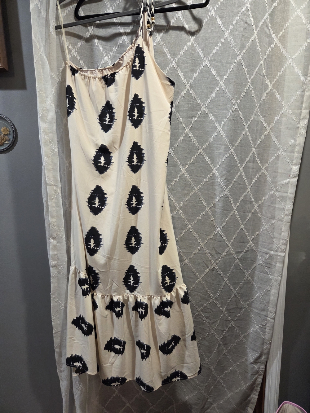 Sleeveless Cream Midi Dress with Black Ikat Print